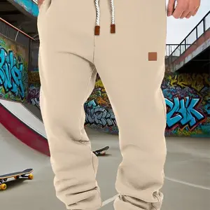 Men's Solid Color Fleece Lined Joggers, Loose Fit Hip-Hop Sports Pants, Adjustable Drawstring & Cuffed Sleeves, Soft Warm Fabric