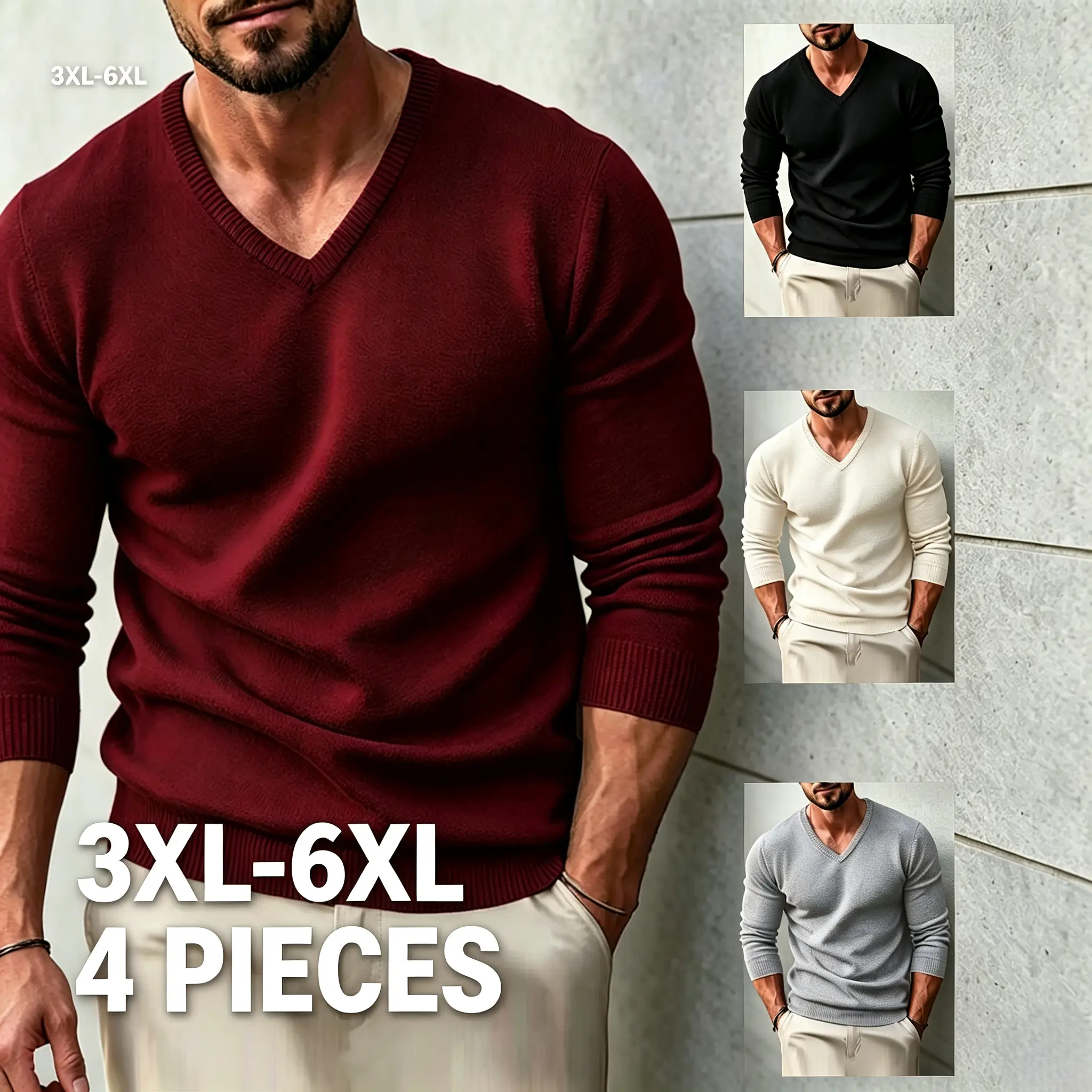 4 Pack Men's Plus Size V-Neck Knit Sweater 3XL-6XL, Soft Stretch Ribbed Pullover, Multi-Color Business Casual Layering Tops