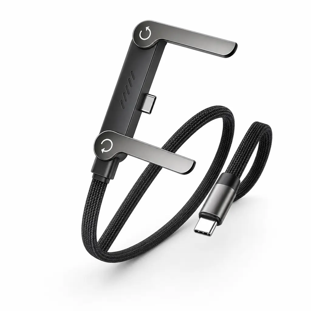 240W Braided USB-C Fast Charge Cable with Built-in Adjustable Foldable Kickstand - Portable for Smartphones/Cellphones/Tablets, Sleek Black, Wire-Free Gaming & Movie Viewing, No Hand Jabbing