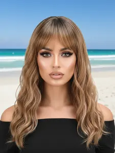 Luxurious Long Wavy Blonde Wig with Bangs & Highlights, High-Quality Synthetic Hair, Natural-Looking Style, Perfect for Daily Wear or Special Occasions
