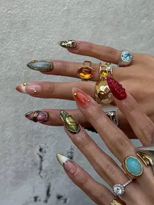 Luxe Gemstone Press On Nails by AuritaNails | Sculpted Stone Art Nail Art | Gold Accent Jewelry Fake Nails | Handcrafted Gem Nails