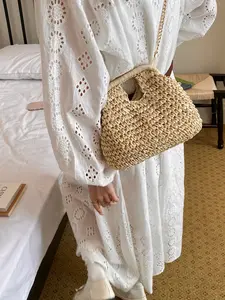 2026 Summer New Korean Style Straw Handbag, Chain Crossbody Dual Use Woven Small Bag, Beach Sand Daily Commute Versatile Shoulder Bag, Bohemian Casual Purse