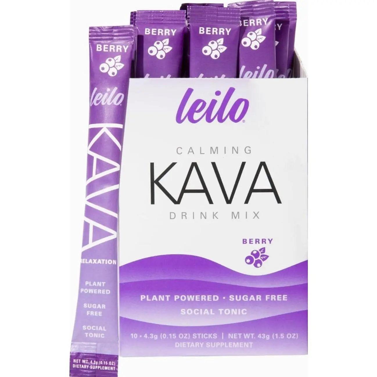 LEILO Calming Kava Drink Mix – Berry, 10 Stick Packs (Plant-Based Relaxation Powder, Non-Alcoholic, Sugar-Free Herbal Supplement)