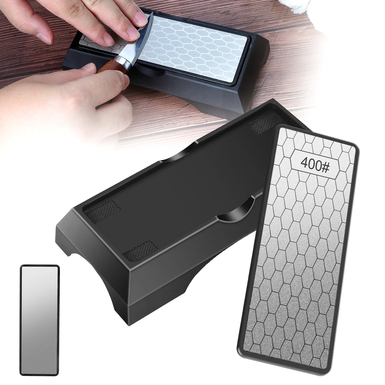 Double-Sided Diamond Sharpening Stone - Manual Knife Sharpener with Non-Slip Base,400/1000 Grit Diamond Stone,for Kitchen Knives Scissors, Stone Knife Sharpener for Chefs tool