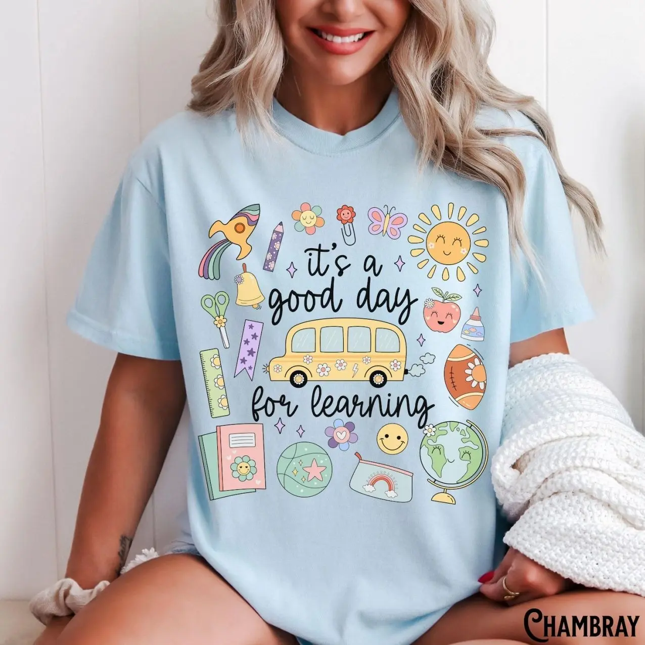 Women's Short-Sleeve Round Neck Streetwear Doodle T-Shirt, Whimsical "It's a Good Day for Learning" Teacher Gift, Back to School Supplies - Lauriel Designs