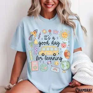 Women's Short-Sleeve Round Neck Streetwear Doodle T-Shirt, Whimsical "It's a Good Day for Learning" Teacher Gift, Back to School Supplies - Lauriel Designs