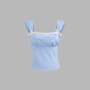 Cider Women's Gingham Square-Neck Tank Top with Bowknot