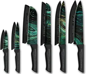 Knife Set 12-PC Colorful Kitchen Knife Set with 6 Sharp Kitchen Knives, Greenstone Covers for Cooking, Cutting & Chopping - Block