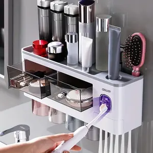 Multifunctional Wall-mounted Toothbrush Holder with Mouthwash Cup, 1 Count Automatic Toothpaste Dispenser, Toothbrush Organizing Storage Rack, Fall Essentials, Bathroom Organizer, Toothbrush Protector, Bathroom Organizing Accessories, Bathroom Accessory