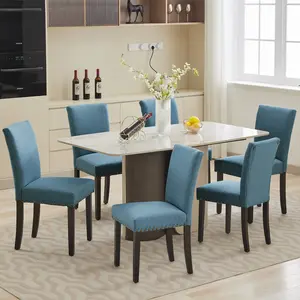 Set of 2 Fabric Upholstered Parsons Dining Chairs with Nailhead Trim and Padded Seat Modern Stylish Chairs with Solid Wood Legs for Kitchen and Living Room Beige
