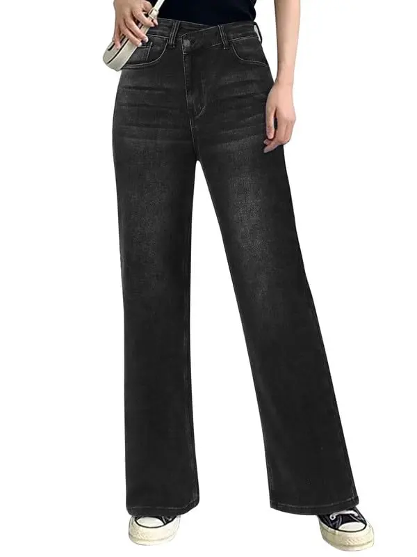 Women Crossover Wide Leg Jeans – Stretch Baggy Jeans High Waisted Trendy Boyfriend Jeans Crisscross Y2K 90s Pants Cotton Denim Fit Womenswear