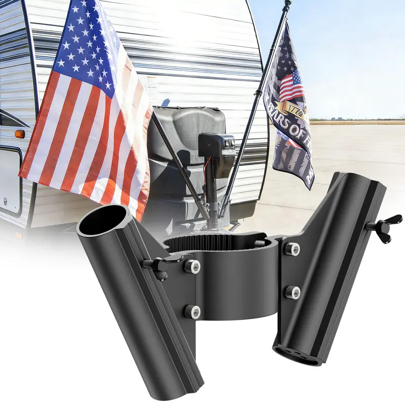Safoner RV Dual Flag Pole Mount for Tongue Jack, Aluminum Trailer Holder Kit - Outdoor Easy Setup, Smart Drainage Design, Fits 1" Flagpoles, Rustproof, Wing Screw Locking, Motorhome Camping Essential Accessory
