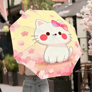 Cute Sakura Bowknot Cat Automatic Umbrella, Windproof Foldable, Fashion Multi-Functional, Suitable for Shopping, Travel, Daily Use, Whimsical Umbrella, Sunshade Umbrella