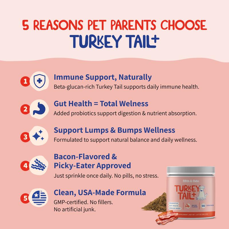 Fifth & Fido Turkey Tail+ - Dog Food Topper with Probiotics for Lipomas, Immune Support & Gut Health - 100 Servings - Bacon Flavor - Natural Allergy Relief - Supplements