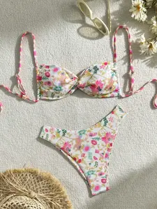 2026 Women's Watercolor Floral Bikini Set with Adjustable Straps, Padded Cup Low Rise Thong, Perfect for Beach & Pool Vacation