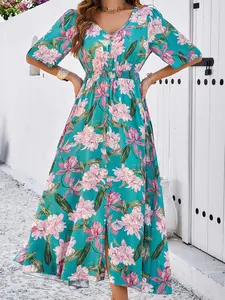 Women's Floral Print Fake Buttons Split Hem A Line Dress, Boho Fashion V Neck Half Sleeve Long Dress for Daily Holiday Vacation Wear, Ladies Dress for Summer