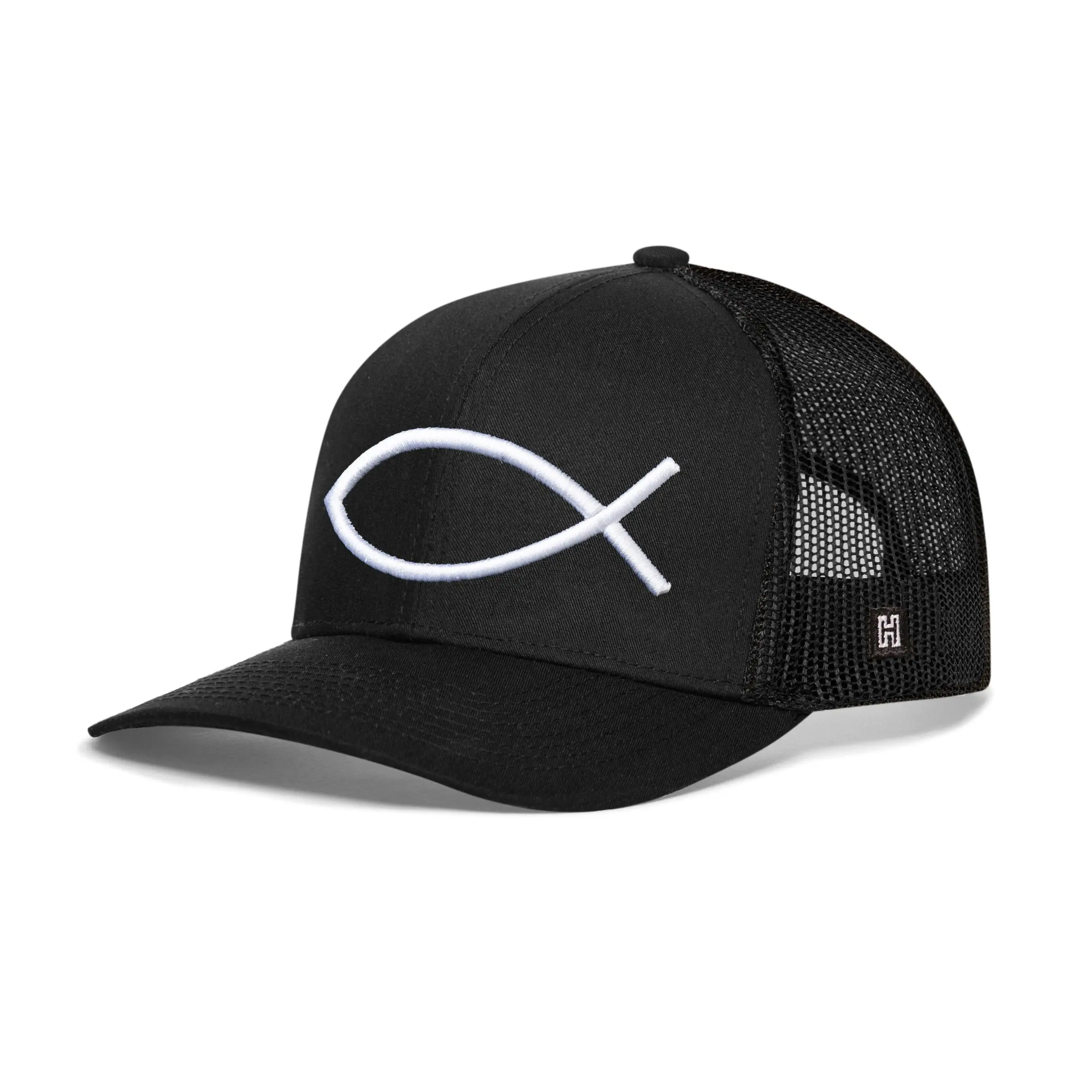 Jesus Fish Trucker Hat  |  Black bold ichthys Snapback