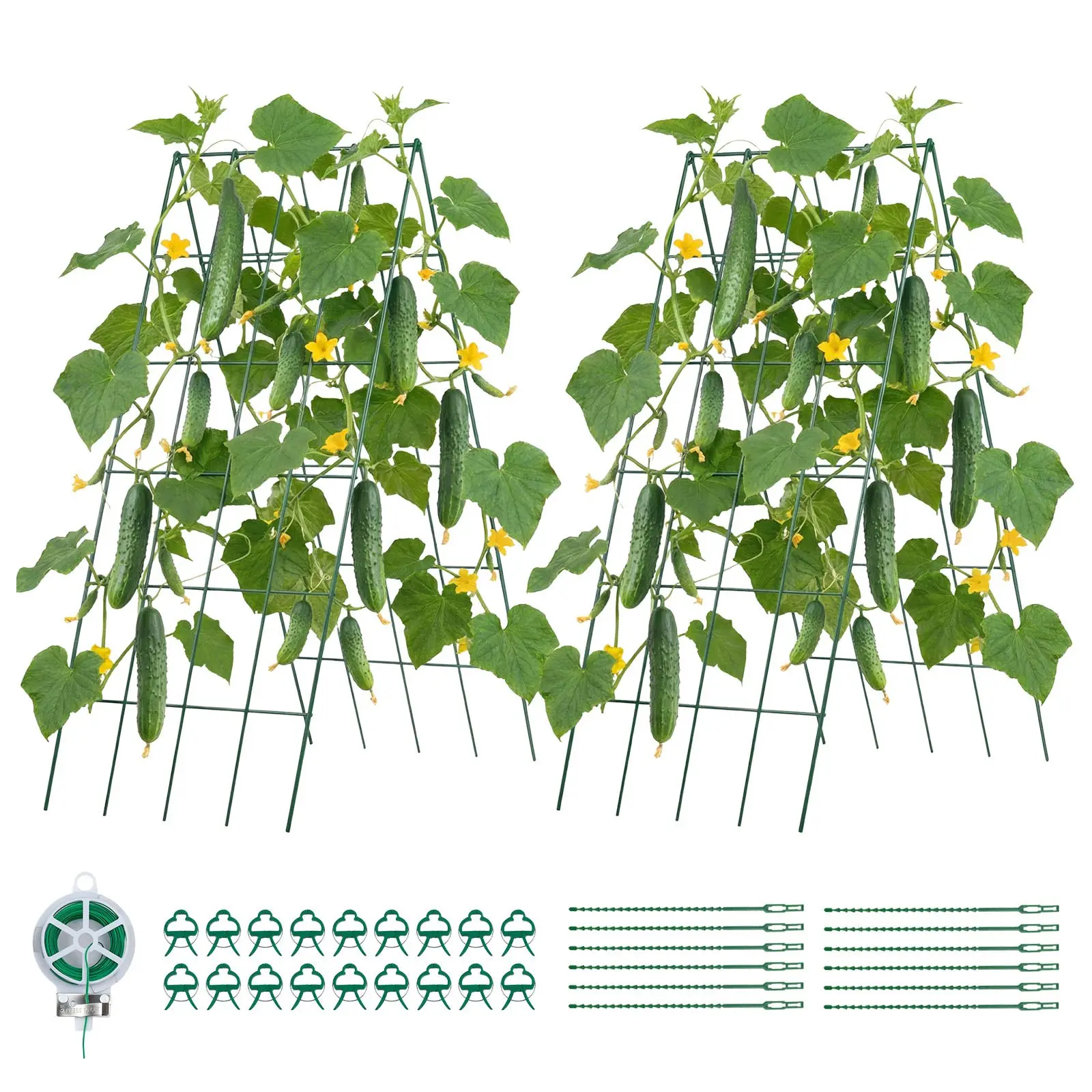 VEVOR 4-Pack Rust-Resistant Steel-Coated A-Frame Cucumber Trellis (38.98x15.75 in) for Farms, Outdoor Raised Beds, Adjustable Base, Mesh Panels, Easy Disassembly, 20m Twist Ties, 18 Plant Support Clips, Supports Vines