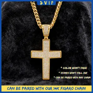 14K Gold Plated Iced Out Cross Pendant Necklace for Men & Women – Unisex Hip Hop Jewelry with Sparkling CZ Stones, Non-Tarnish Finish, Can Be Paired with Our 14K Figaro Chain, Perfect Gift for Streetwear, Parties & Daily Wear jesus crucifix pendant