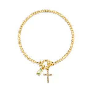 14k gold-plated birthstone cross bead bracelet, gold cross paperclip bracelet, waterproof and hypoallergenic women's jewelry