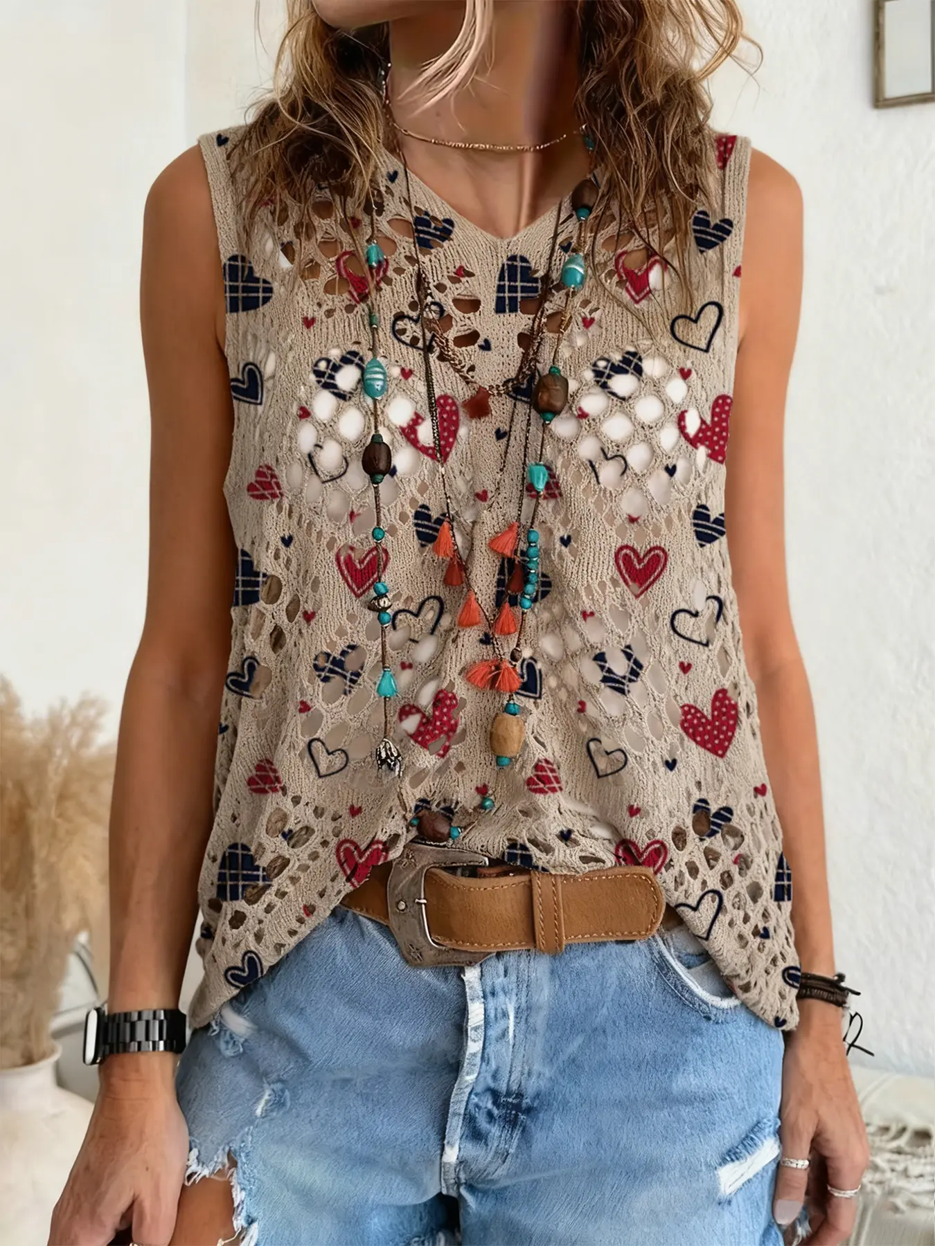 Spring Summer V Neck Hollow Out Shoulderless Knit Top, Heart Print Ladies Sweater, Casual Elegant Commuter Wear, Boho Beach Cover-Up