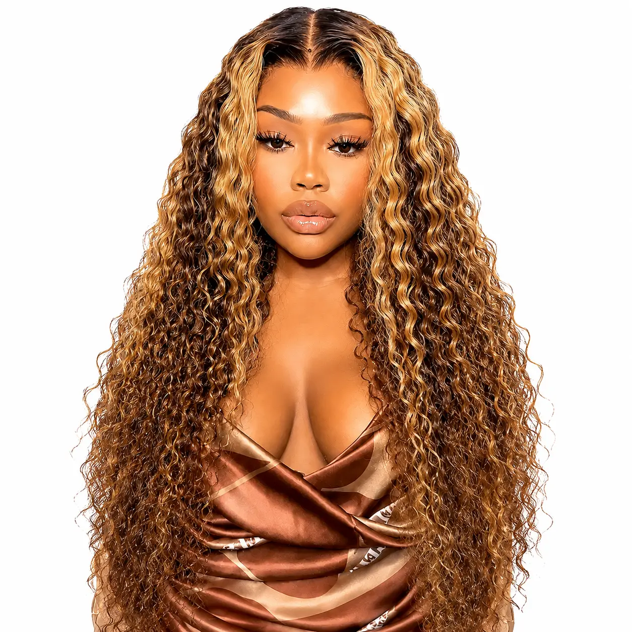 13x4 4/27 Highlight Deep Wave Human Hair Wig 180% Density HD Lace Front Wig Pre Plucked Ombre Honey Blonde Curly Wet and Wavy Wig for Women