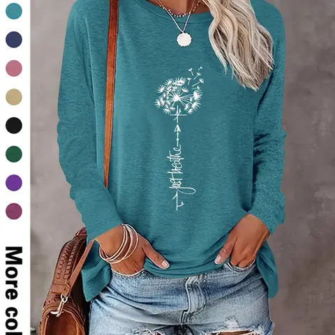 Women's Floral & Letter Print Crew Neck Design Tee, Fashion Casual Long Sleeve T-shirt for Daily Outdoor Wear, Ladies Clothes for Spring & Fall, Tops