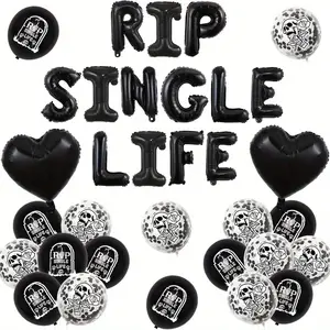 1 Set Gothic Hen Party Decorations, Rip Single Life Decorations, Rip Single Life Balloons Banner, Goth Tomb Skull Print Balloons, Heart Foil Balloons for Gothic Bachelorette Engagement Wedding Decorations