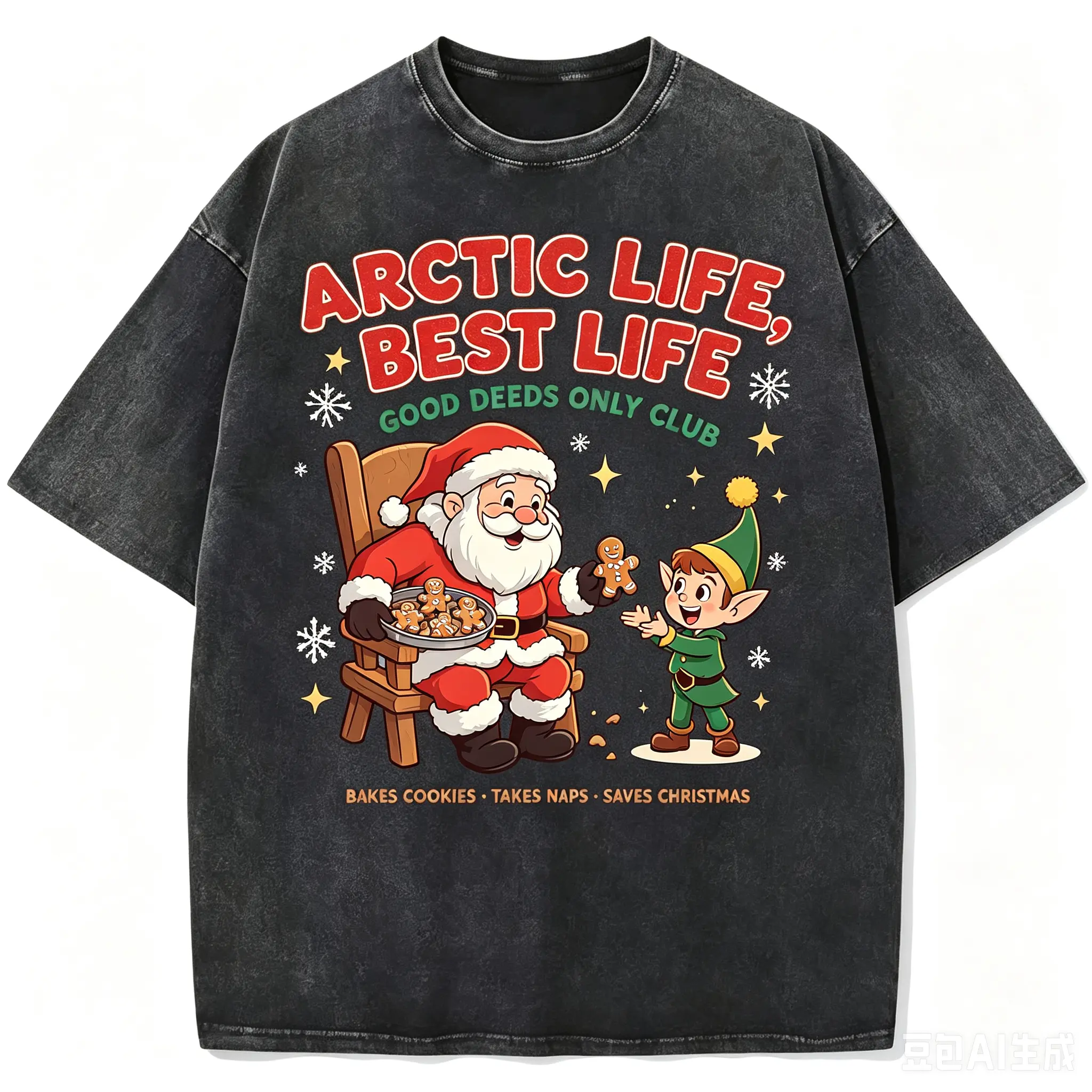 Vintage Washed Santa & Elf Graphic T Shirt, Heavyweight 230G Cotton Oversized Tee, Cute Christmas Holiday Shirt for Men Women
