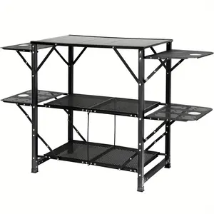 Camping Kitchen Table, One-Piece Folding Portable Cooking Table with Carry Bag, Aluminum Camping Table 4 One Iron Side Table and 2 One Shelf, Perfect for Outdoor Picnic, Barbecue, Camping, RV Travel