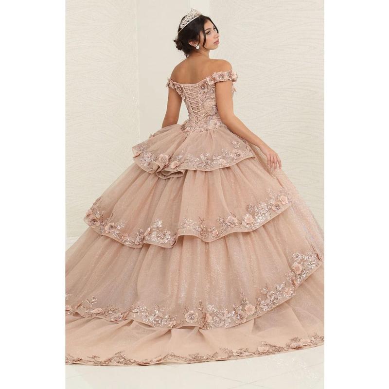 Layla K LK255 Champagne Off-Shoulder Quince Gown with Detachable Tail