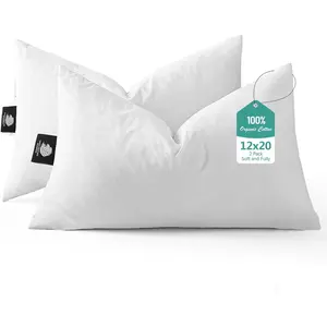 Luxury Feather Down 12x20 Pillow Inserts Set of 2 Soft Fluffy Throw Pillows 100% Organic Cotton Cover Lumbar Pillow Insert for Couch Living Room Bed Sofa