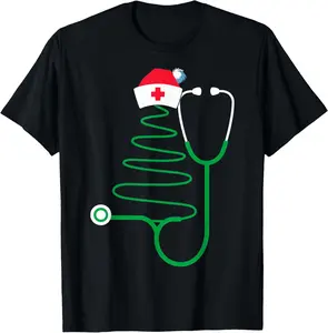 100% Cotton Stethoscope Christmas Tree Nurse Christmas Scrub T-Shirt