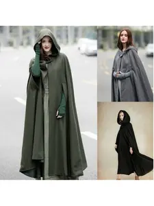 European and American women's cape coat with four color options; hooded cape with long coat; women's woolen coat Casual