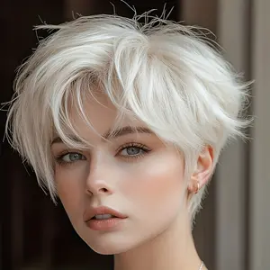 Glueless Brazilian Human Hair Wig - 150% Density White Short Pixie with Non-Lace Rose Cap |   Natural Look for Casual Attire, Short 6-Inch Hairstyle Suitable for Light Beige Tones & Costumes