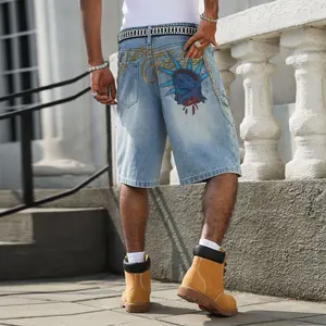 Men's Baggy Wide‑Leg Statue‑of‑Liberty Graphic Printed Denim Jorts, Non‑Stretch Light‑Blue Washed Knee‑Length Streetwear Shorts