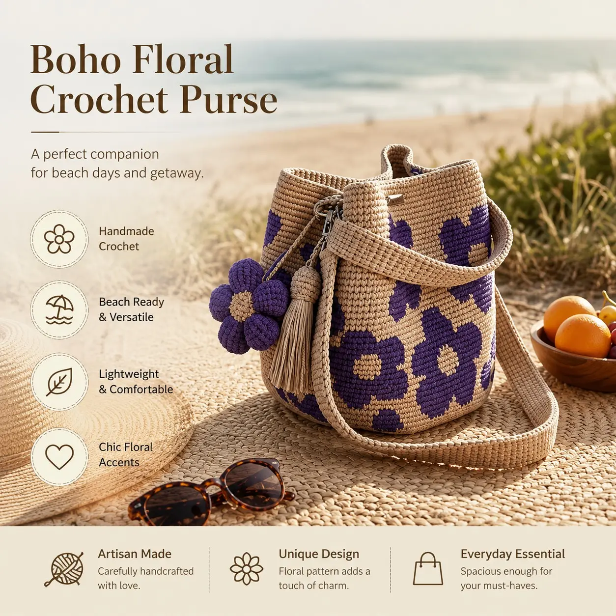 Handmade Crochet Flower Tote, Knit Floral Purse Bag, Boho Woven Beach Handbags Crossbody Shoulder Bag for Women Vacation
