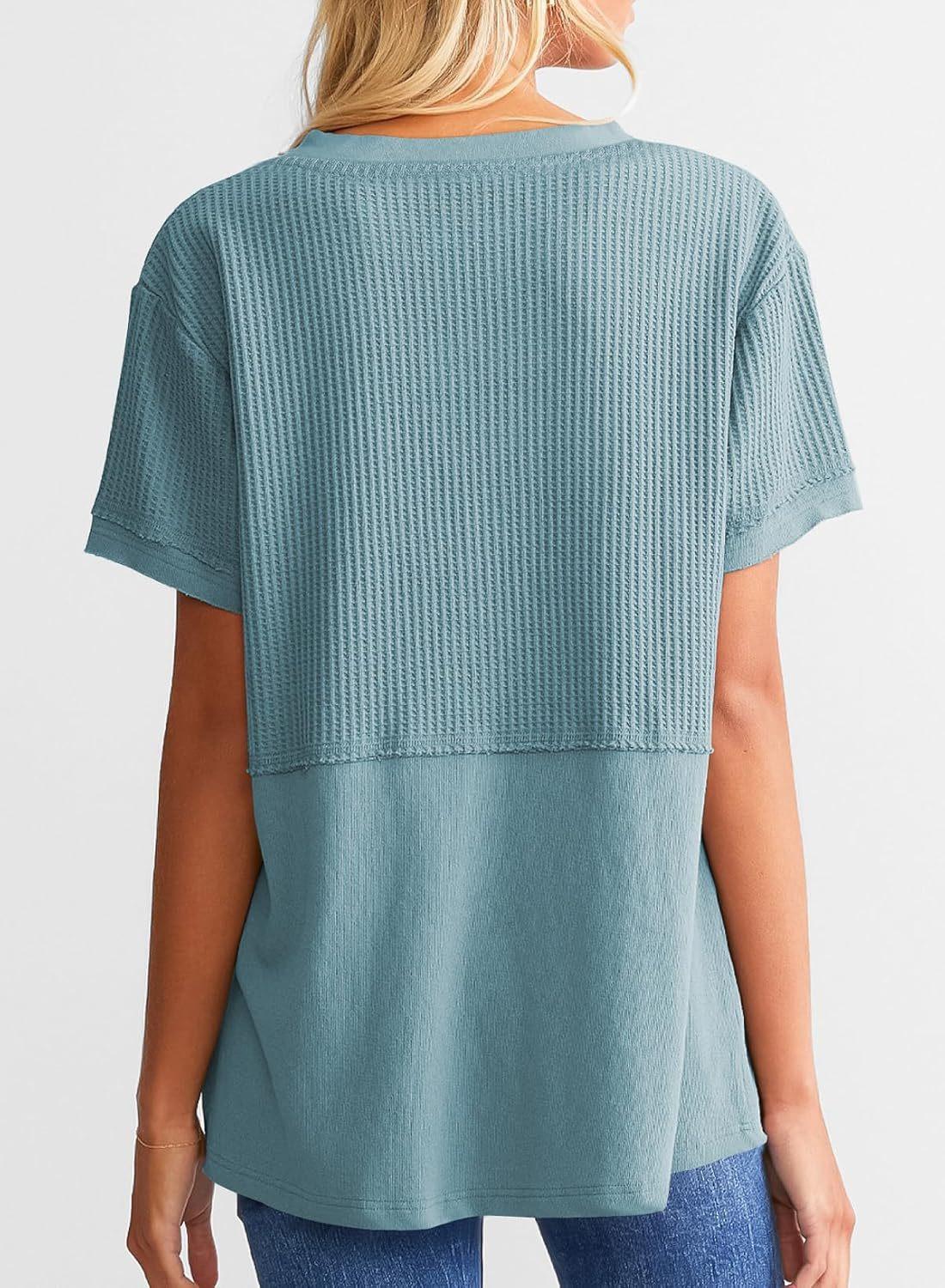 Women's Loose Fit Waffle Knit Splice V-Neck Top | Casual Trendy Short Sleeve Shirt.