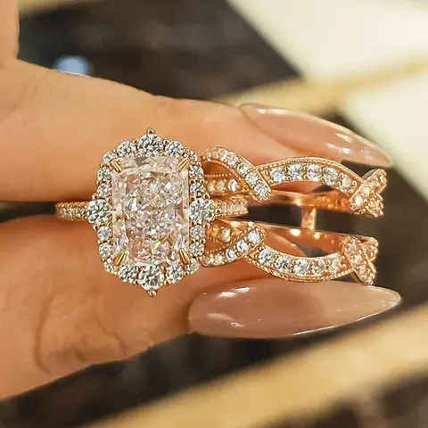 Effinny 3.0ct Radiant Cut Insert Jacket Real Ring Set - 5A Cubic Zirconia Bridal Jewelry, Wedding Promise Rings for Engagement, Outdoor Activities, Real Rings