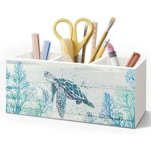 Sea Turtle Coastal Pen Holder for Home Office Desk, Beach Office Decor, Beach Turtle Makeup Brush Toothbrush Holder Organizer for Bathroom Desk Accessories