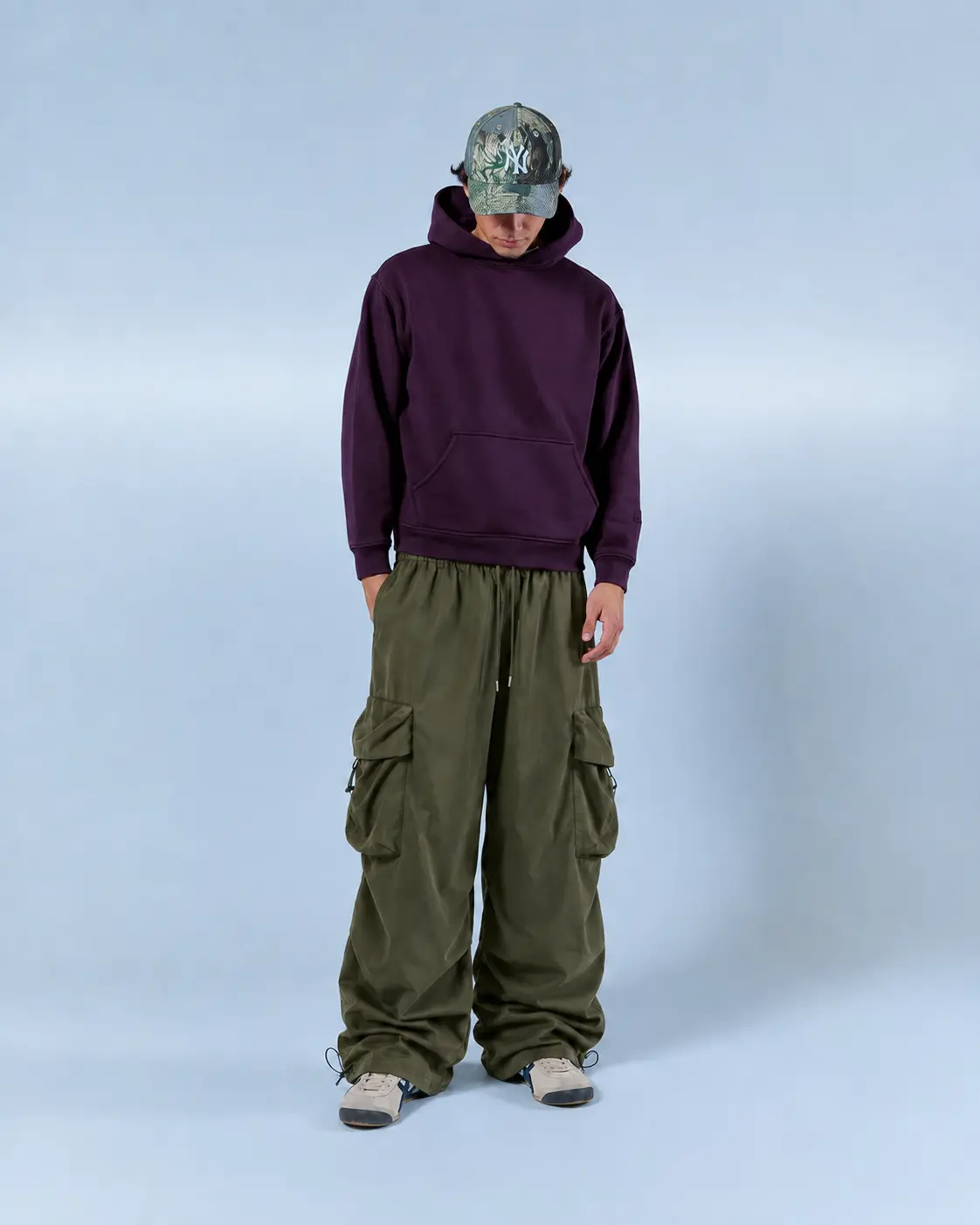 Oversized Wide Leg Cargo Pants For Men, Elastic Drawstring Waist Multi Pocket Casual Trousers, Loose Streetwear Parachute Pants