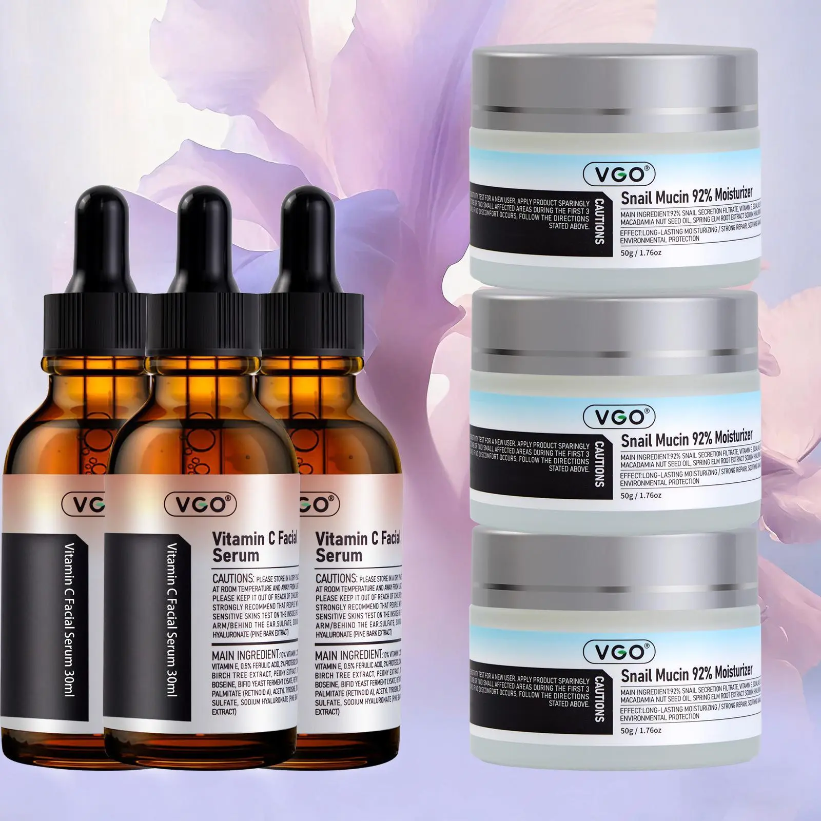 [TikTok Shop Must-Haves]VGO Skincare Brightening Anti-Aging Kit - Vitamin C Facial Serum, 92% Snail Mucin Gel Cream Moisturizer, Daily Hydrating Set for Radiance,  Repair