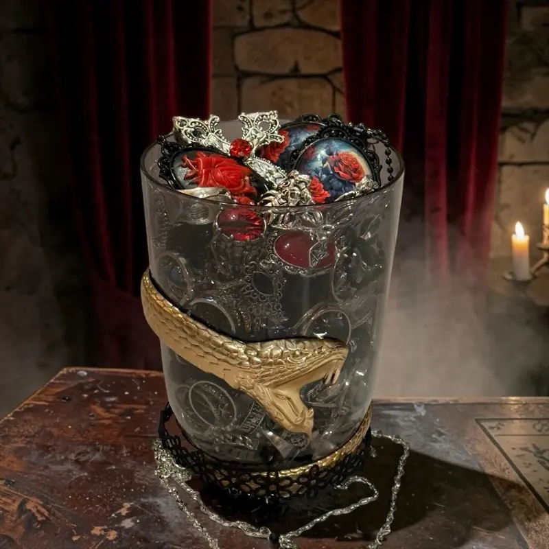 Vintage Goth Jewelry Collection with Snake Goblet Including Necklaces, Bracelets, Rings, Earrings, Chokers in Silver, Gold, and Gunmetal Tones.