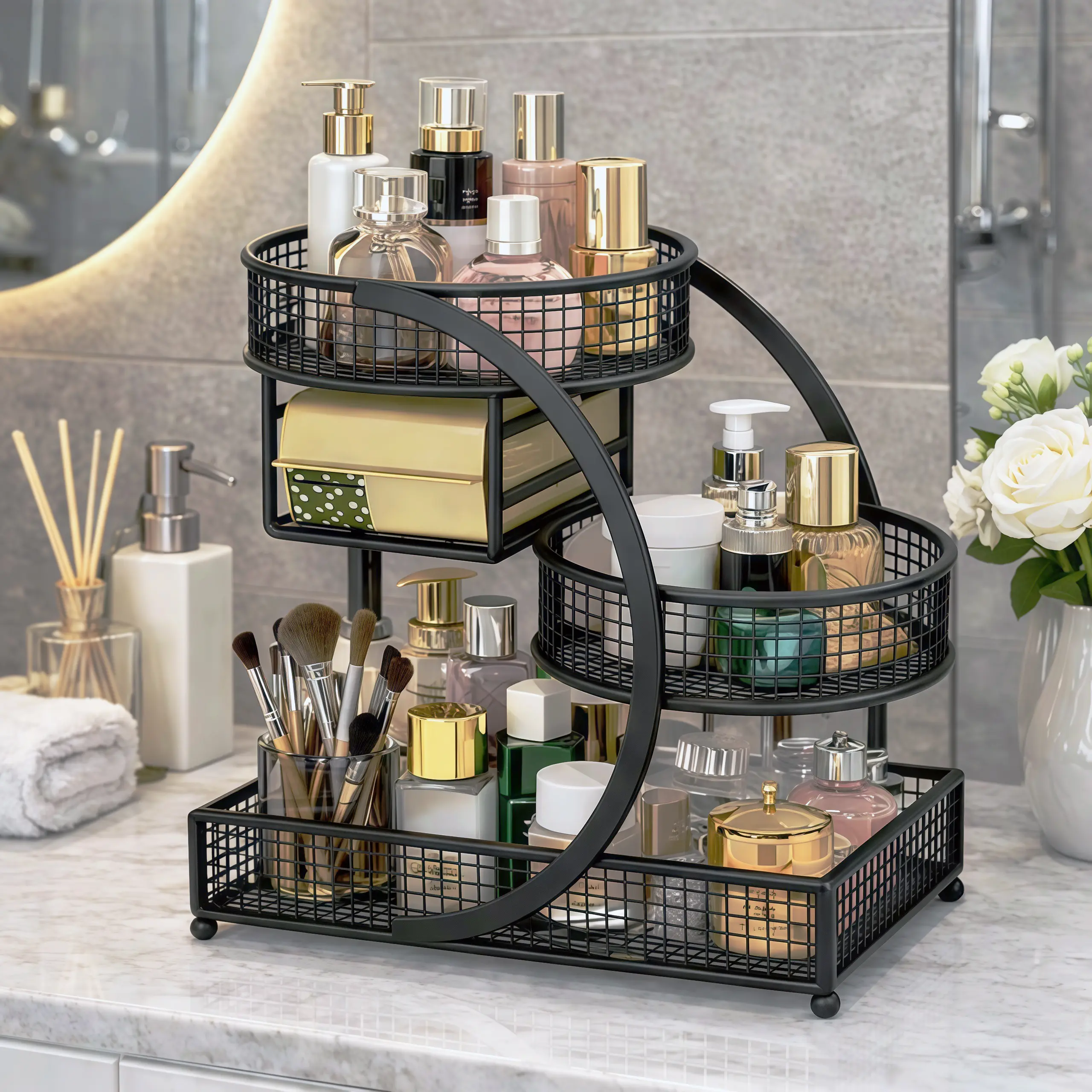 3-Tier Metal Cosmetic Organizer with a Varnished End, Featuring a Tissue Box. This Lightweight And No-Installation-Required Storage Rack Can Serve As a Dressing Table Or a Countertop Organizer in The Bathroom