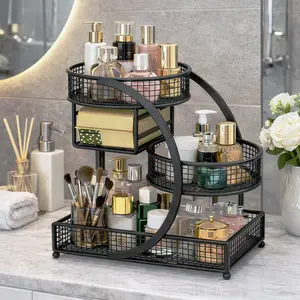 3-Tier Metal Cosmetic Organizer with a Varnished End, Featuring a Tissue Box. This Lightweight And No-Installation-Required Storage Rack Can Serve As a Dressing Table Or a Countertop Organizer in The Bathroom