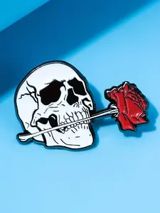 Funky Skull and Rose Enamel Brooch Pin - White Zinc Alloy Construction, Floral Detail, Fashionable Accessory for Halloween, Costume Parties, and Everyday Wear