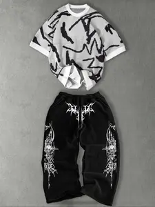 Street Casual Set, Streetwear, Unisex Knit Sweater Long Sleeve Top & Printed Pants Two-Piece, Fall Winter Loose Fit Fashion