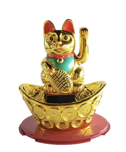 Solar Gold Maneki Neko – Waving Lucky Cat with Coins – Prosperity & Wealth Decor – Gift Ready