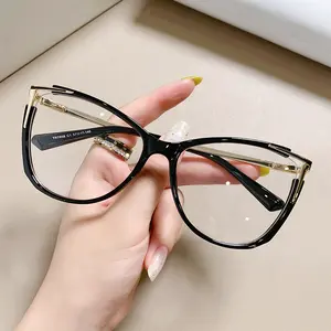 Large frame cat eye high-transparency frame metal edge frame no frame decoration glasses anti-blue light old reading glasses, suitable for decoration color matching anti-blue Reading Eyeglasses