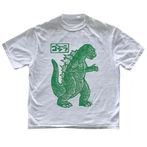 Godzilla Kaiju Graphic T-Shirt, Green Linocut Block Print Giant Lizard Monster Standing With Japanese Kanji Text Stamp Illustration, Unisex Streetwear Tee For Movie Fans, Retro Indie Outfit